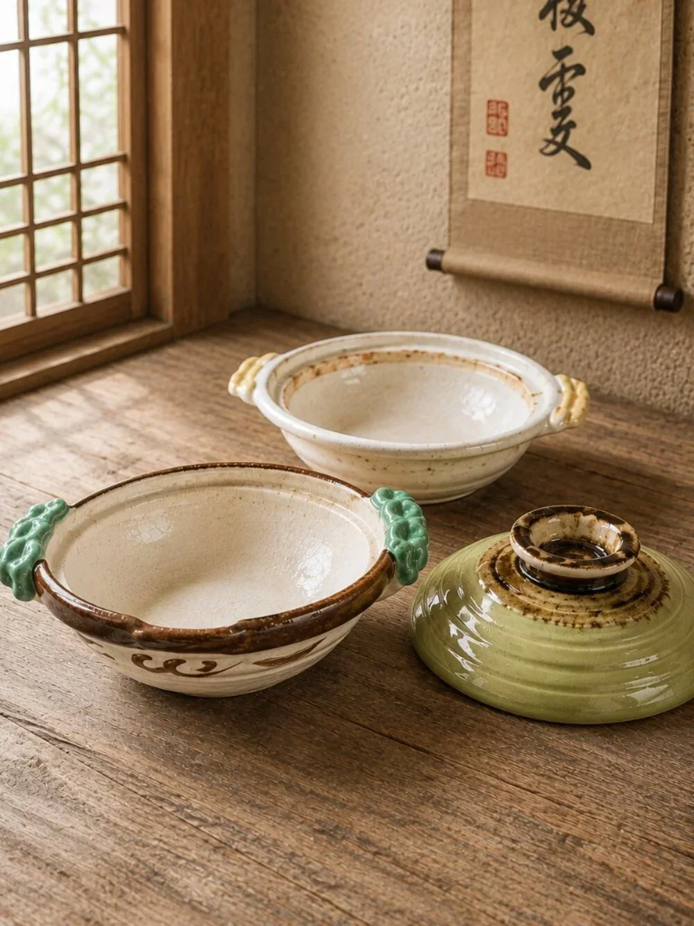 Rare Japanese Donabe Pottery Hot Pot Green-Glazed Lid Brown-Painted Ornate Base